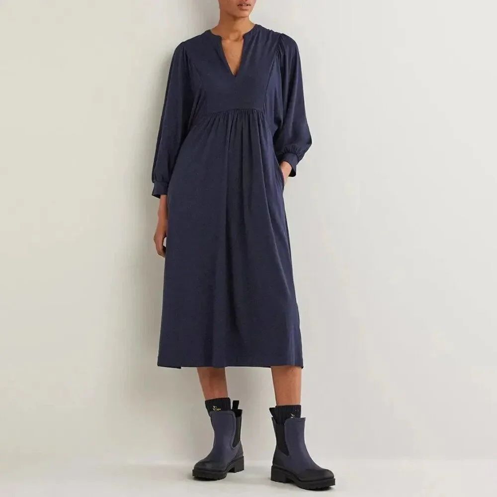Boden Womens Jersey Midi Dress UK 6P US 2P Navy Blue Split Neck D0378 NWT